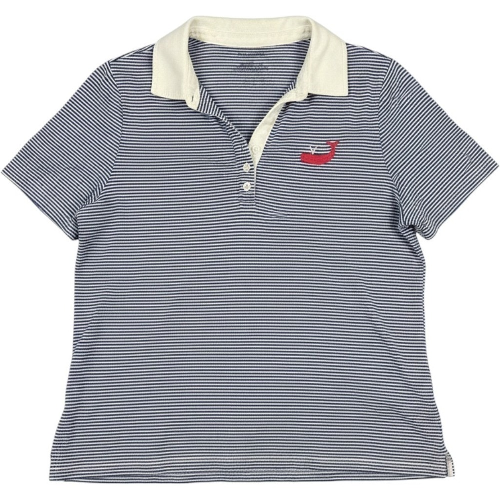 Talbots 1X Polo Shirt Blue White Striped Embroidered Whale Short Sleeve